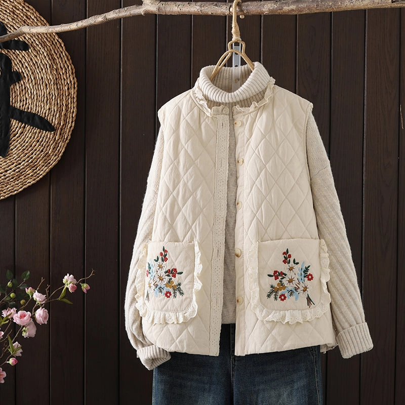 Casual Retro Embroidered Ruffled Quilted Vest for Women YKK Fasteners Eco Friendly Dye Process