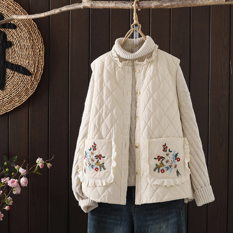 Casual Retro Embroidered Ruffled Quilted Vest for Women Ultra Flexible Designer Inspired