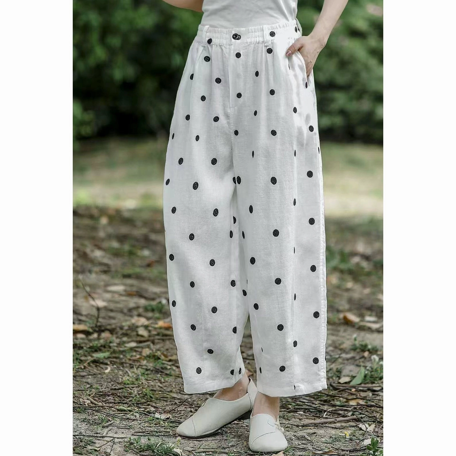 Women Spring Retro Linen Polka Dot Loose Versatile Harem Pants Ventilated fabric