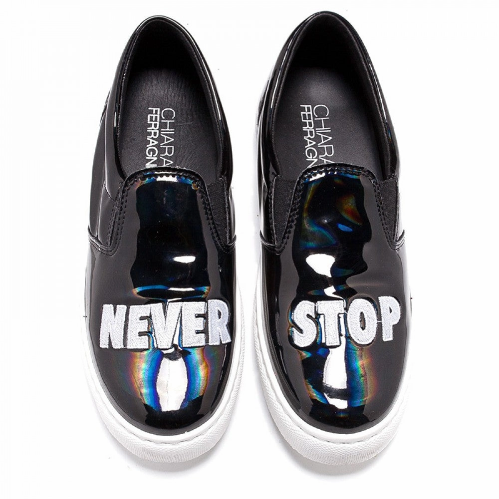 Soft Step Chiara Ferragni Women's Never Stop Leather Slip On Sneakers Flats Black