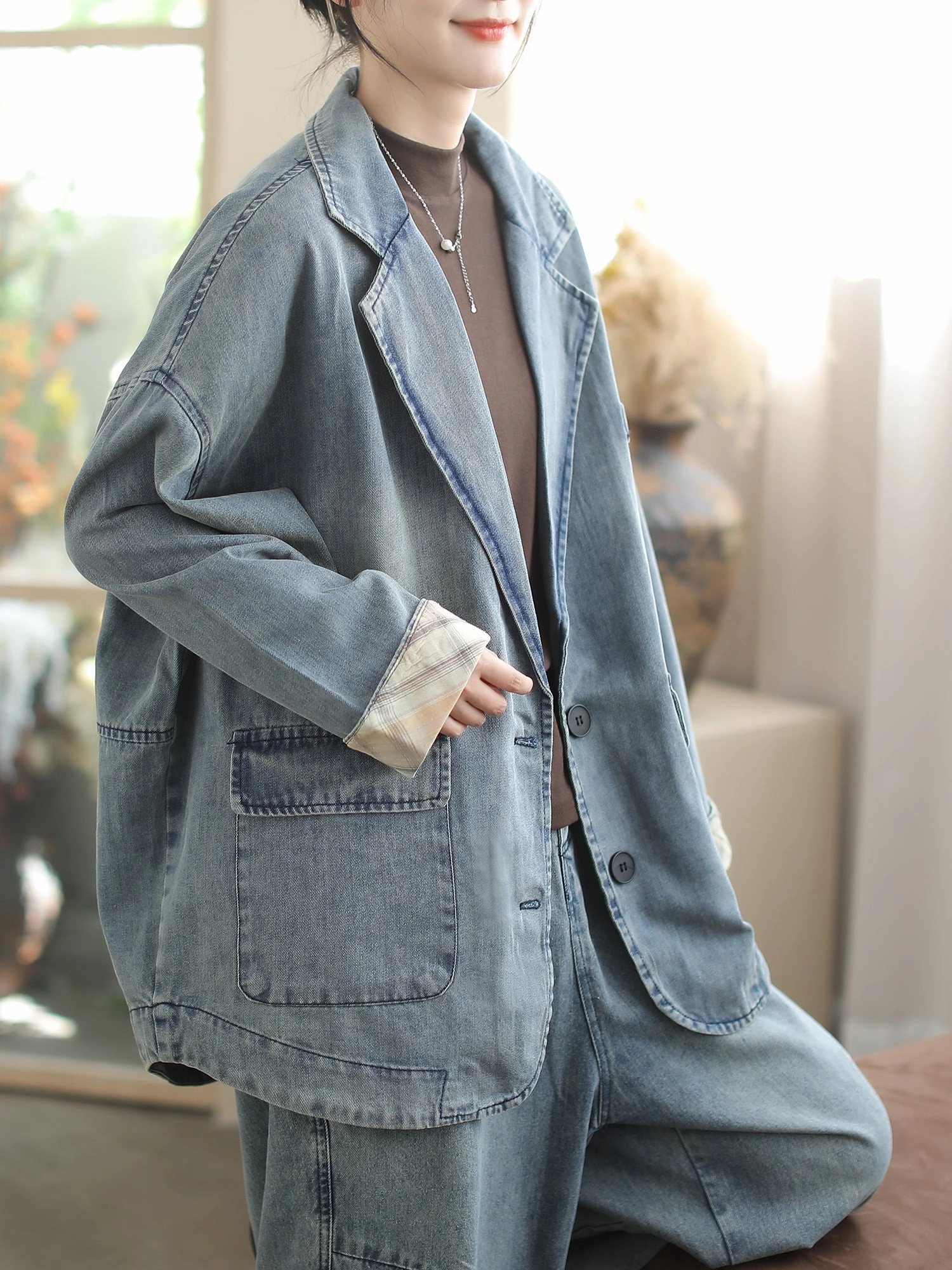 Long Sleeves Ladies Retro Loose Washed Lapel Denim Jacket