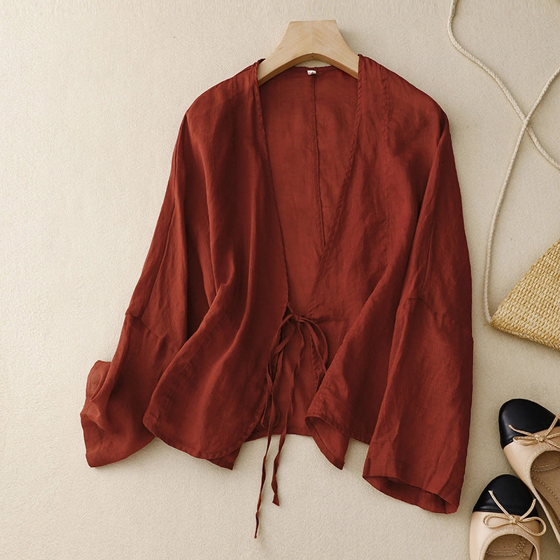 Low Profile Collar Noise Reduced Fasteners Casual Lace-Up Cotton Linen Cardigans