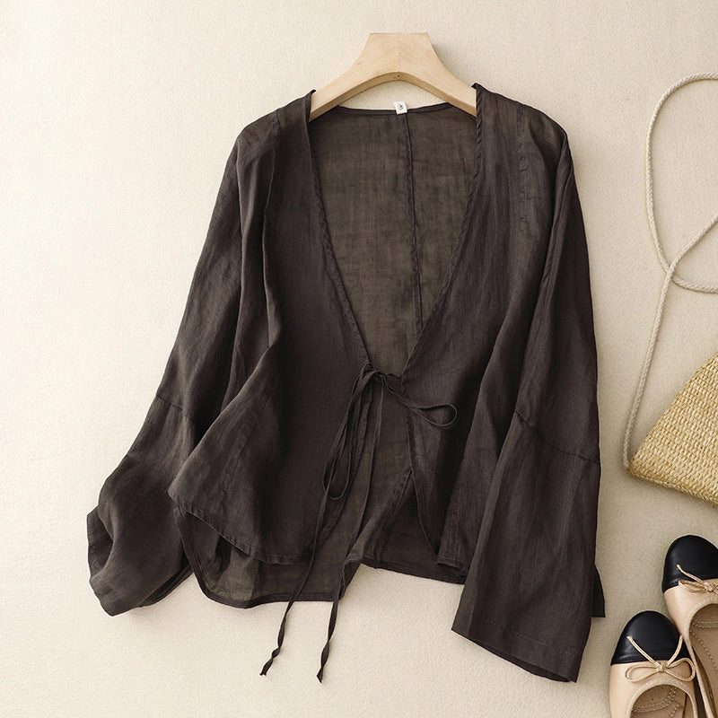 Water Based Coating Casual Lace-Up Cotton Linen Cardigans