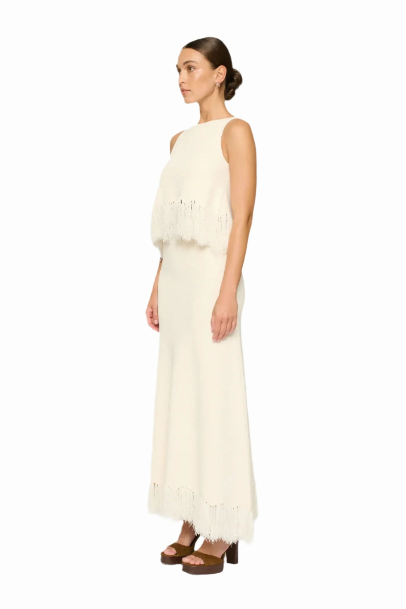 Clarissa Fringe Knit Skirt in Parchment Street Edge