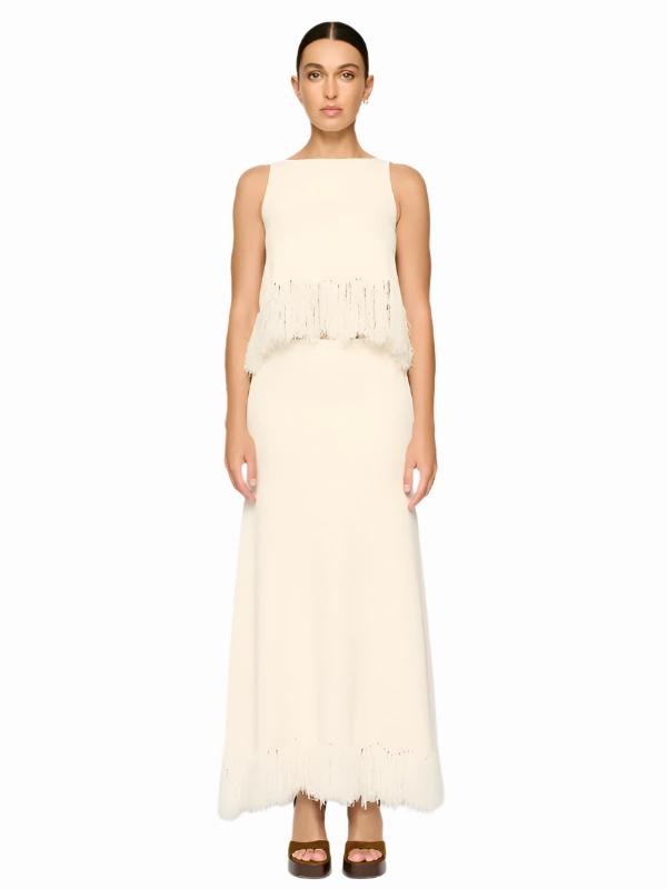 Clarissa Fringe Knit Skirt in Parchment slim fit