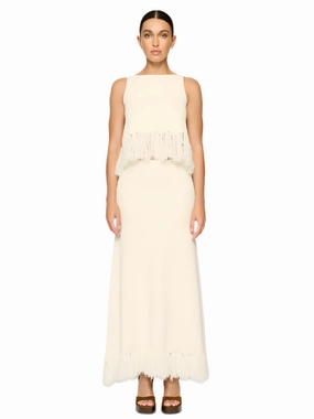 Clarissa Fringe Knit Skirt in Parchment slim fit