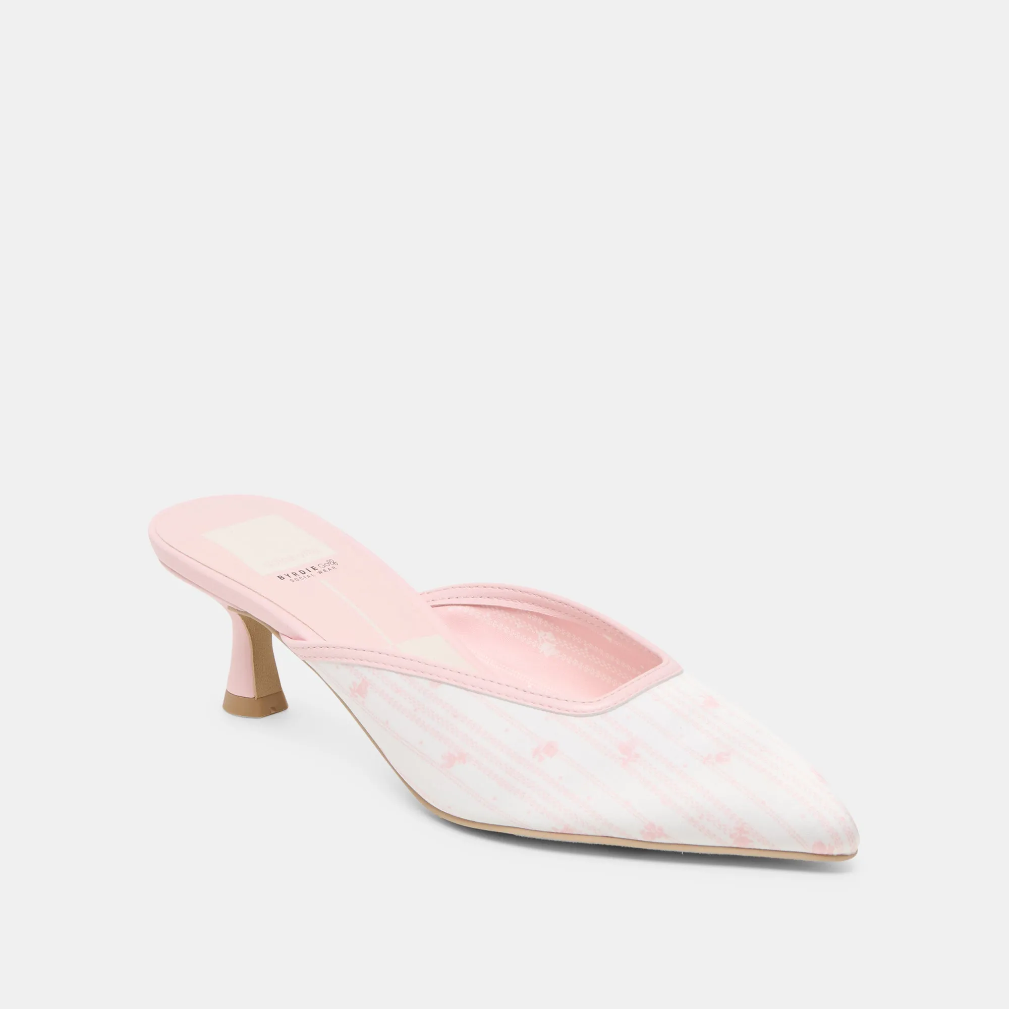AntiOdorTreatment CLEO X BYRDIE GOLF HEELS PINK FLORAL SATIN