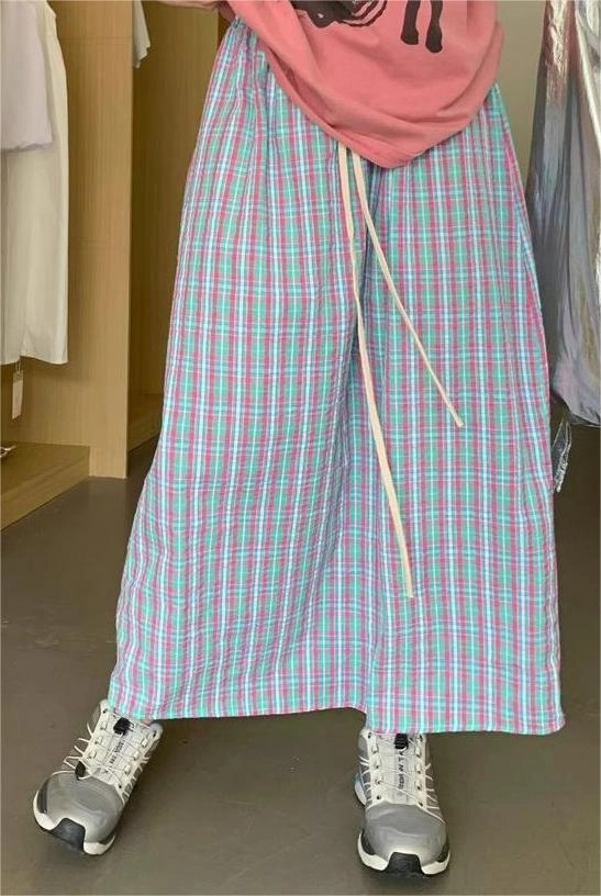 Elastic Waist Loose Colorful Plaid A-Line Skirt Non-Irritating Fabric