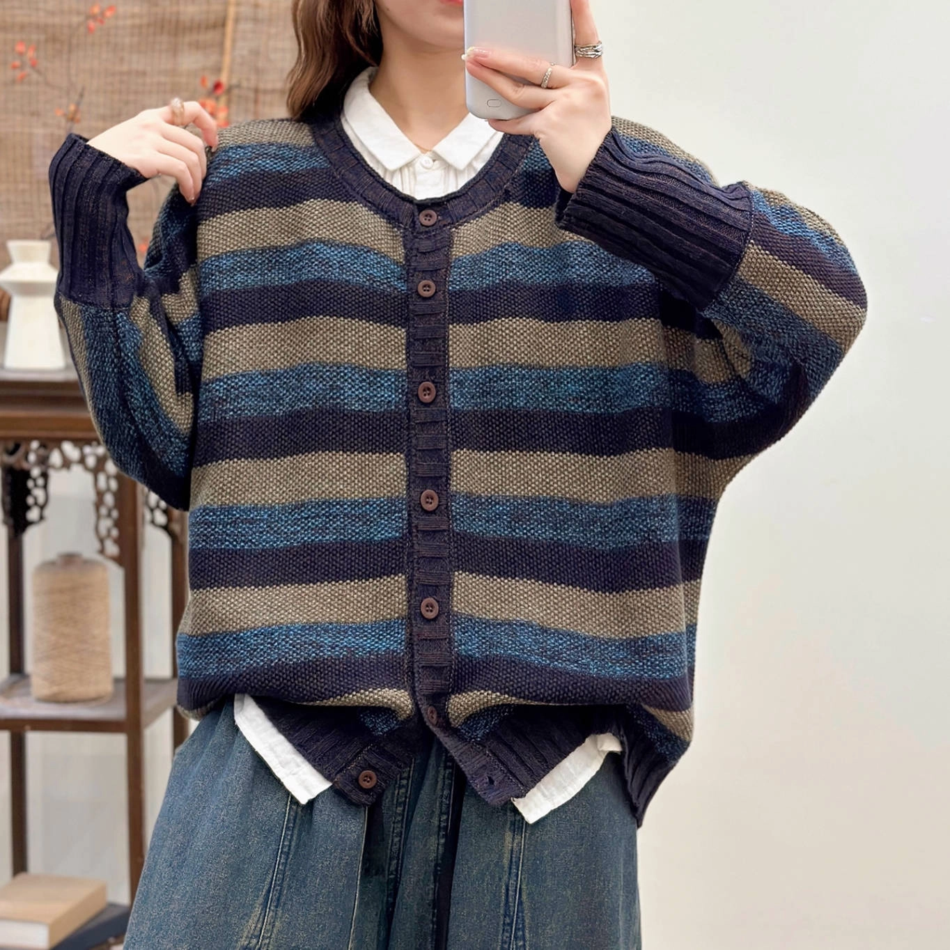 Colorful Cotton Striped Round Neck Single Breasted Cardigan Breezy Layer Option