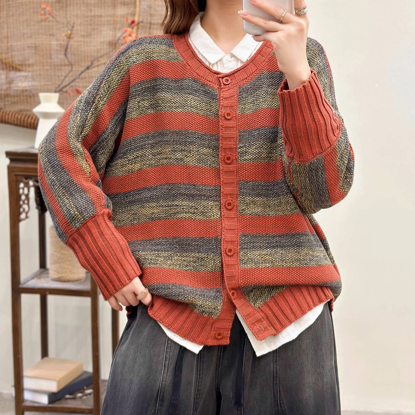 Colorful Cotton Striped Round Neck Single Breasted Cardigan RipResistant Reinforcement