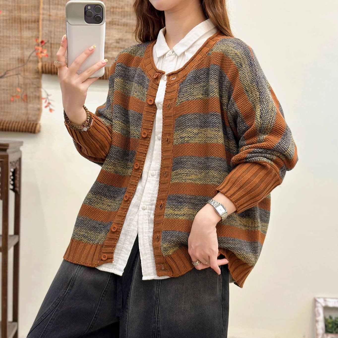 Colorful Cotton Striped Round Neck Single Breasted Cardigan City Ready Style Secure Chest Pocket