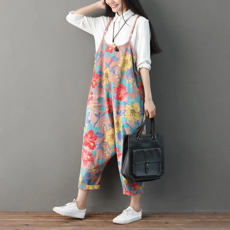 Women Summer Retro Floral Printed Strappy Pants Sleek Finish