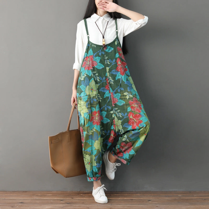Crease Resistant Silky texture Women Summer Retro Floral Printed Strappy Pants