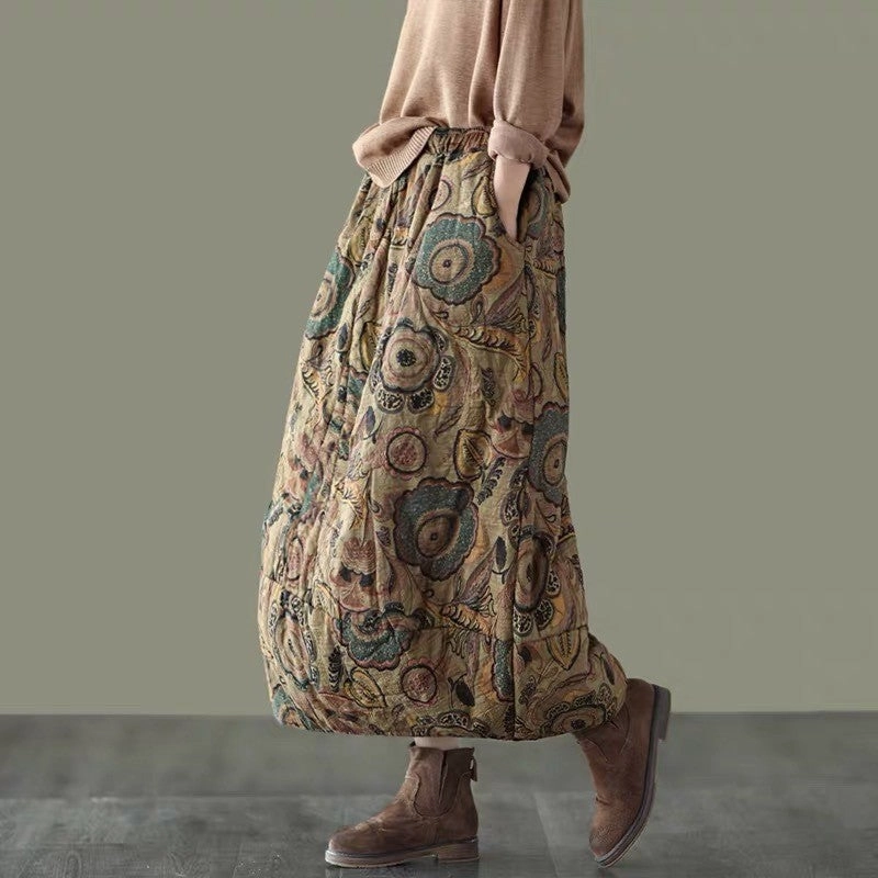 Babakud Women Winter Retro Loose Quilted Flower Bud Skirt Perfect Fit Flexible Material