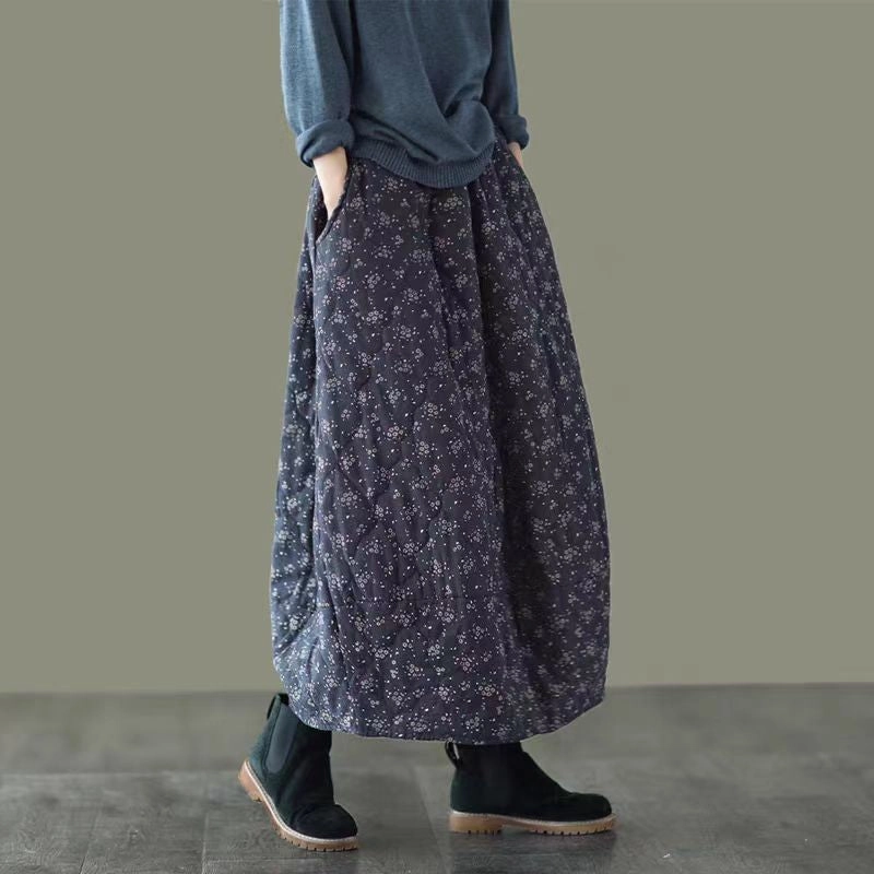 Babakud Women Winter Retro Loose Quilted Flower Bud Skirt Breathable Material