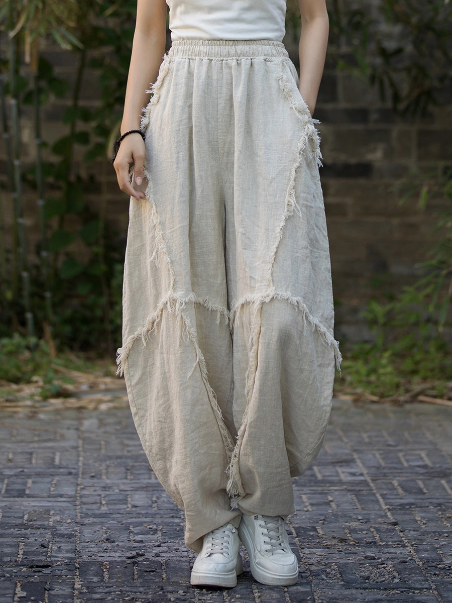 Flexible Waist Casual Loose Fringed Ramie Harem Pants