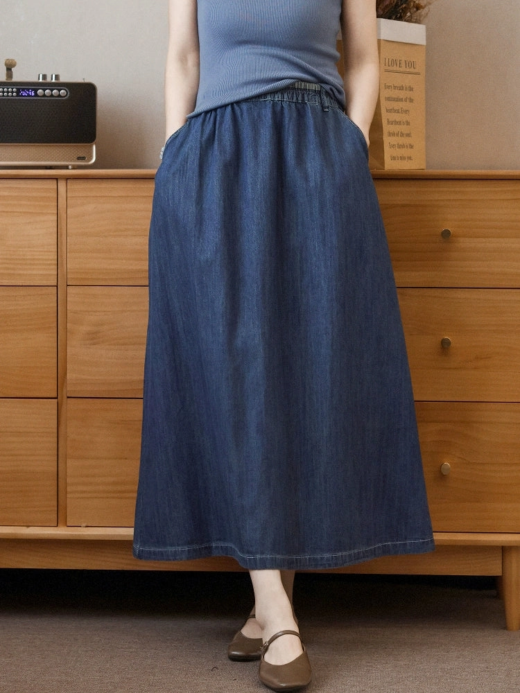 Women Summer Retro Denim High Elastic Waist Loose Skirt Skin Safe