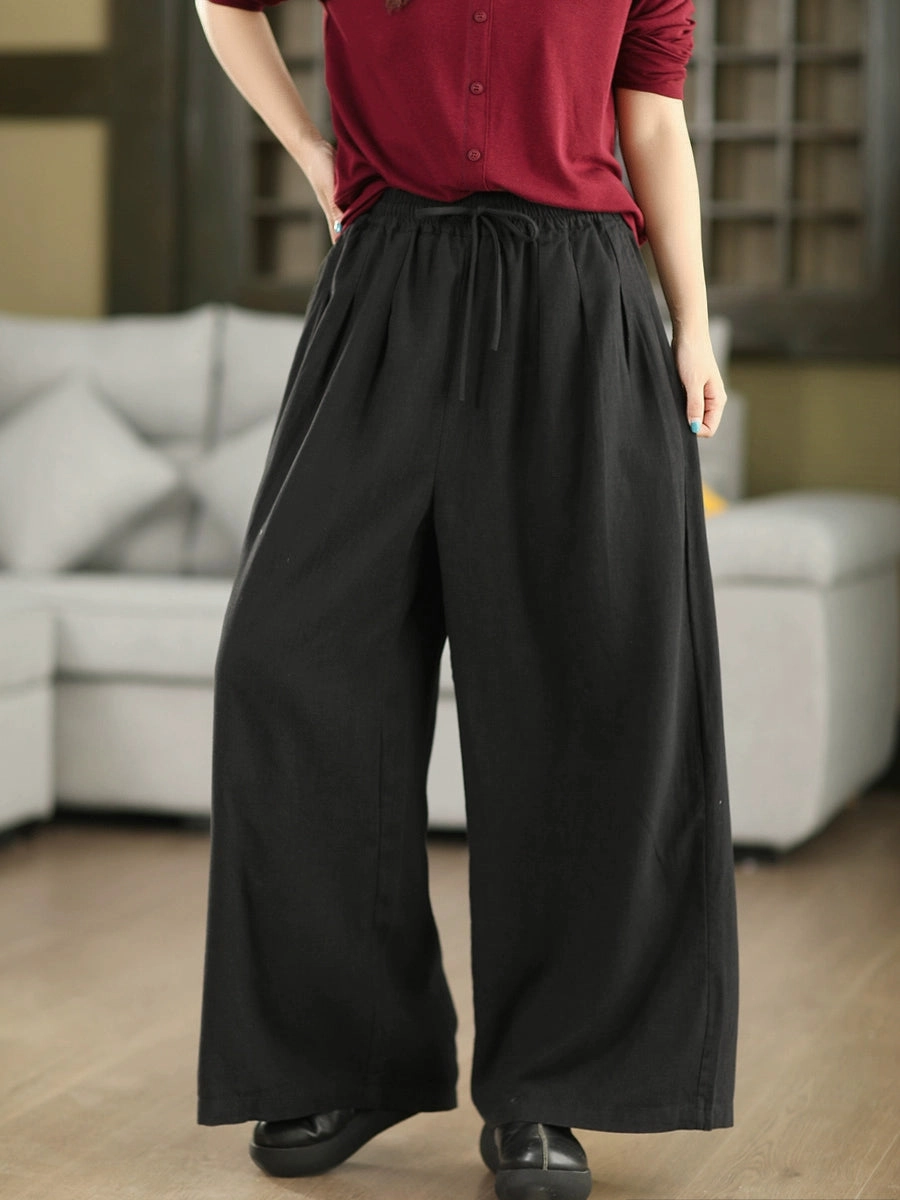 Perfect Fit Soft Texture Autumn Retro Ramie Loose Elastic Waist Lace-Up Pants