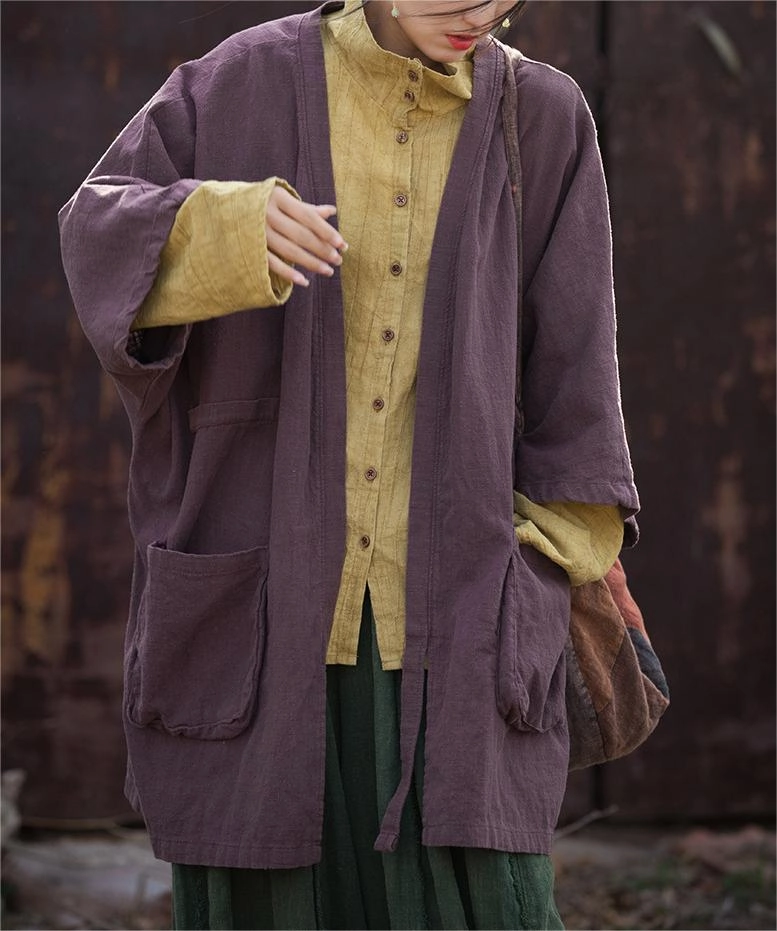 Linen Solid Color Long Cardigan PFC Free Waterproofing Stretchable Material