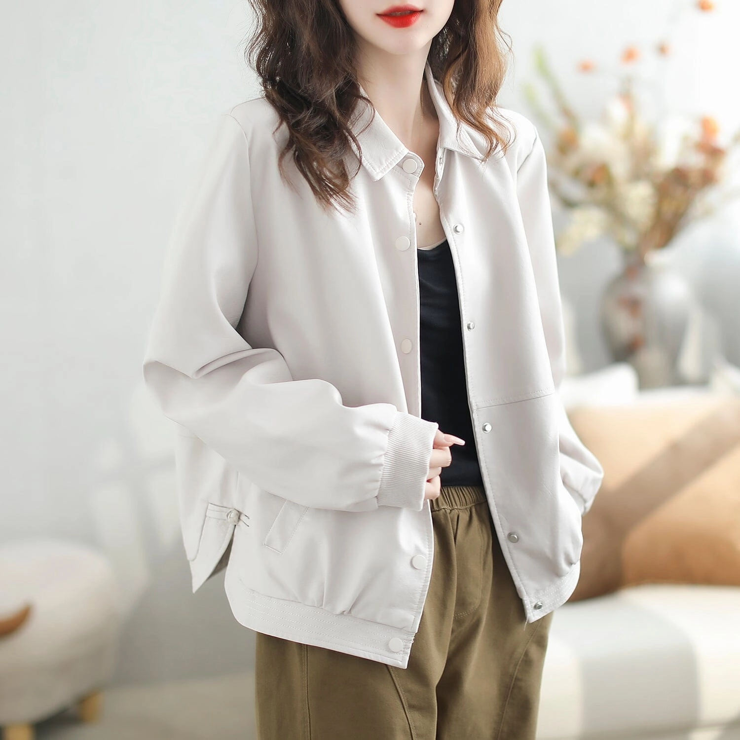 Women Autumn Loose Casual Classic Leather Jacket Flexible Fleece Lining Bonded Seam Technology