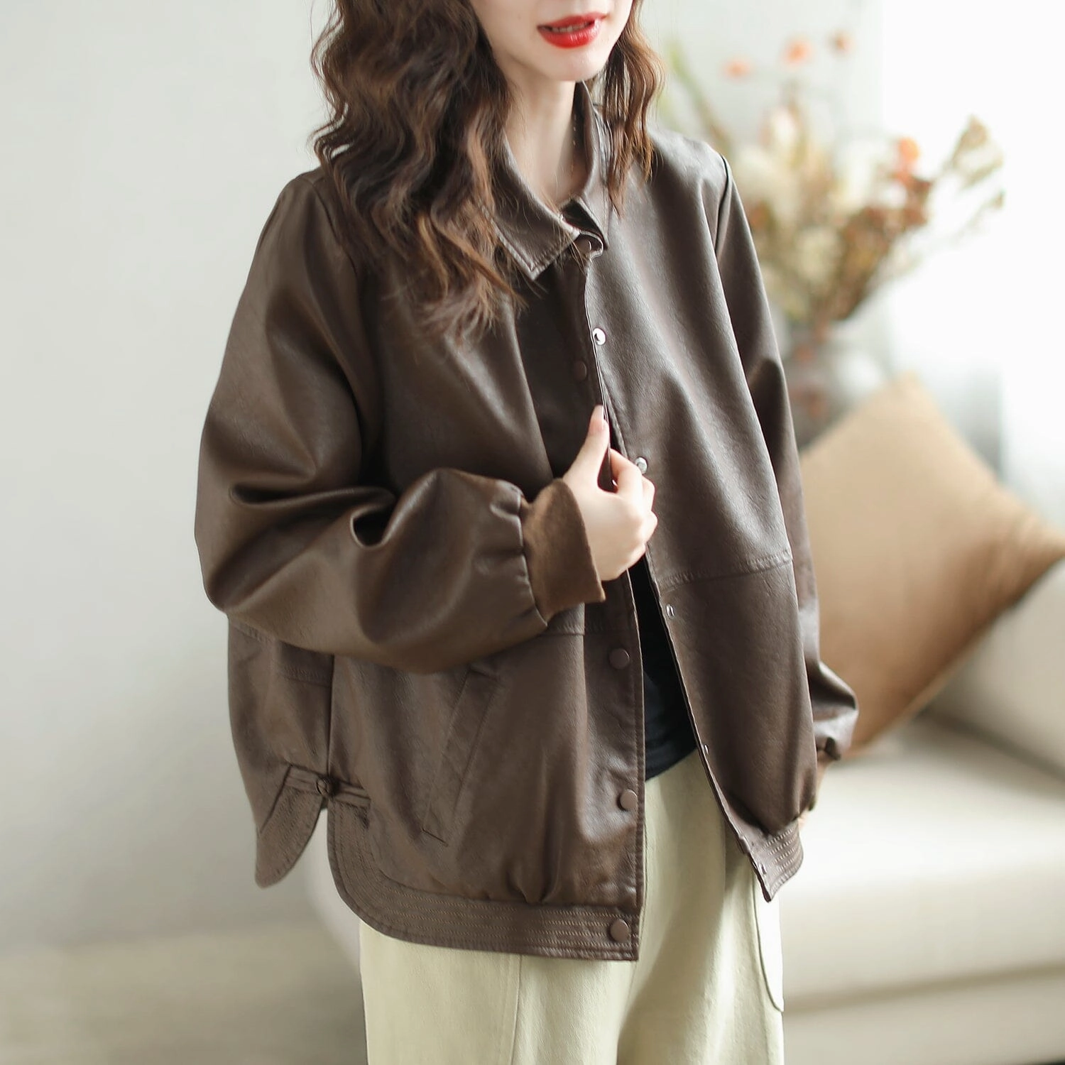 Women Autumn Loose Casual Classic Leather Jacket Modular Layering System Easy Clean Material