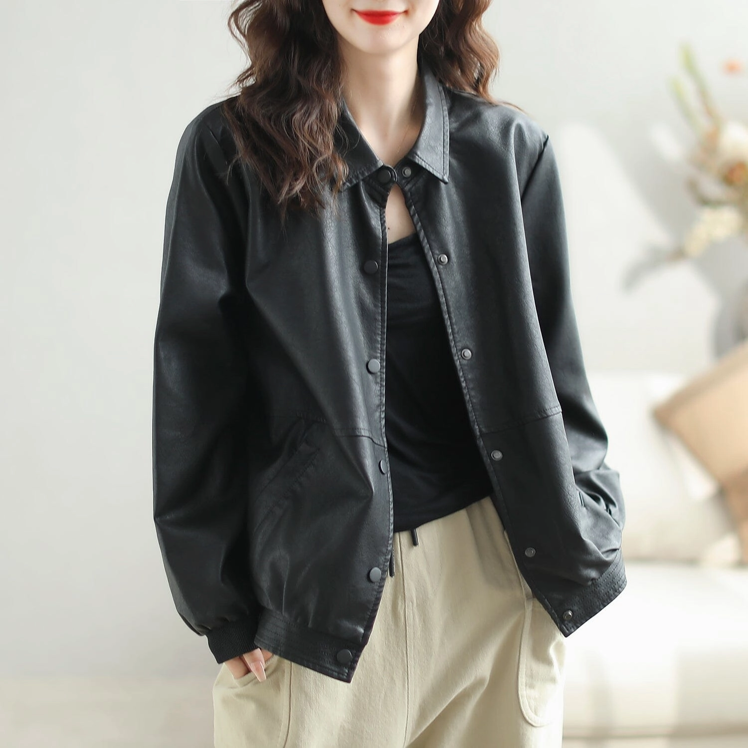 Thermal Insulation Layer Women Autumn Loose Casual Classic Leather Jacket