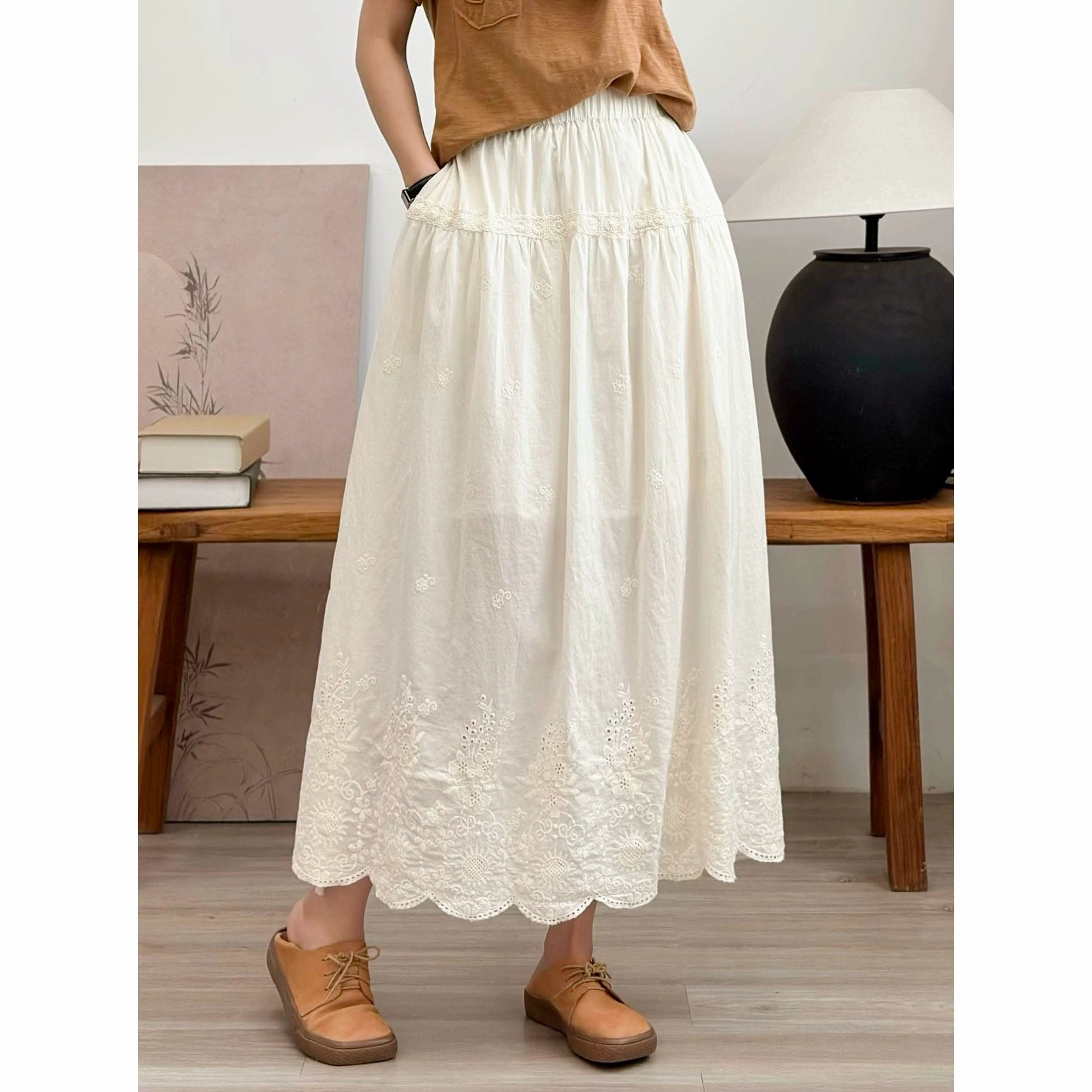 Spring Cotton Vintage Embroidered Lace High Elastic Waist Skirt Size Stable