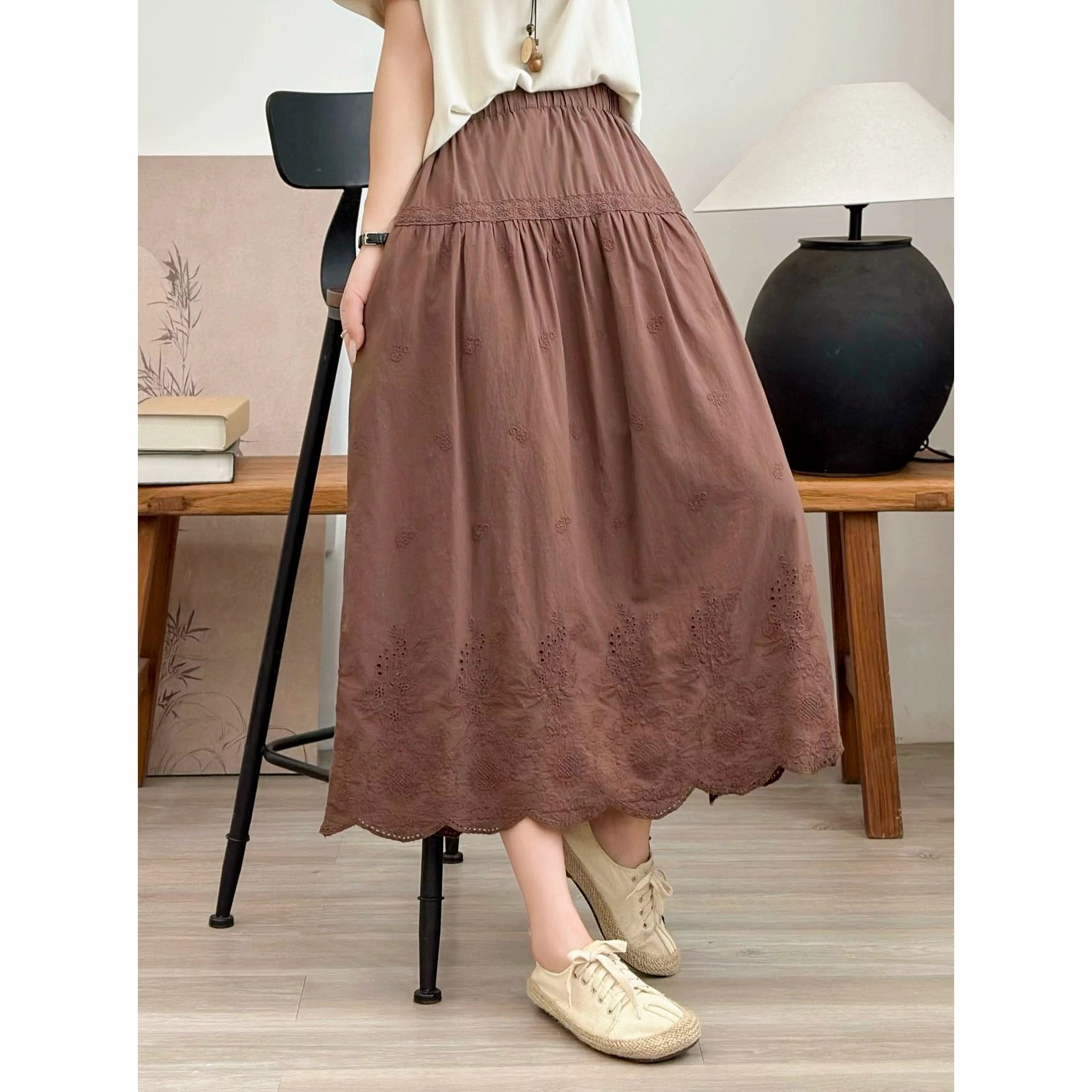 Spring Cotton Vintage Embroidered Lace High Elastic Waist Skirt Irritation Free Scratch Resistant