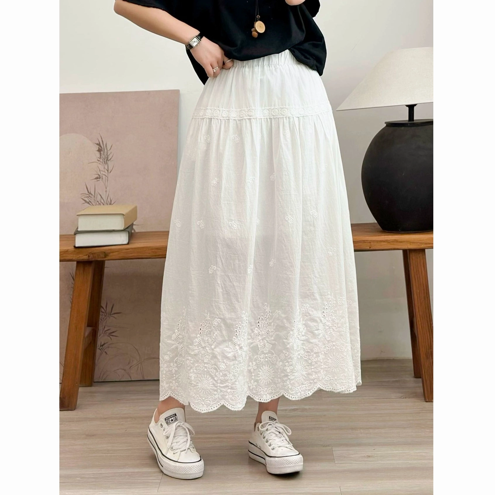 Secure Closure Spring Cotton Vintage Embroidered Lace High Elastic Waist Skirt