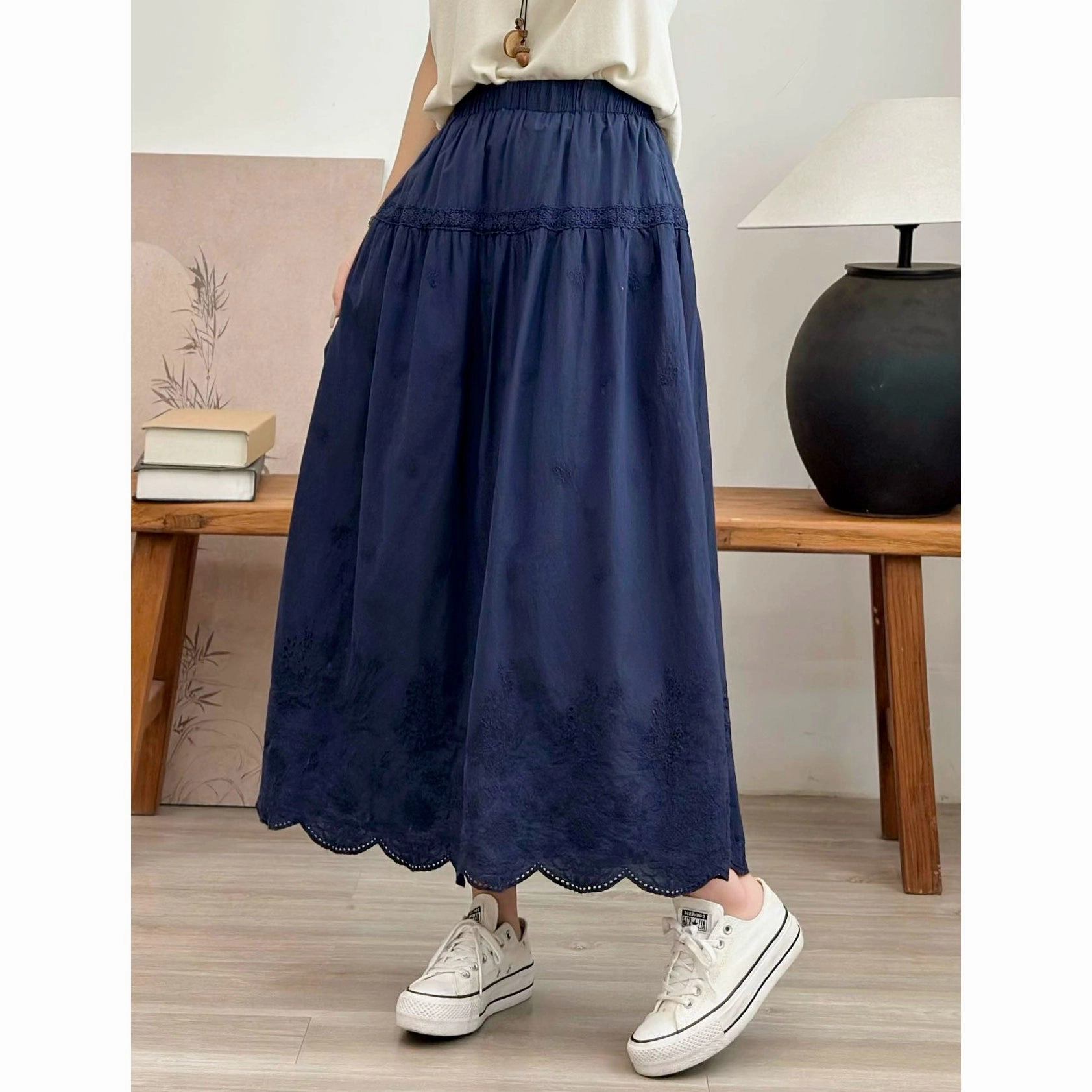 Spring Cotton Vintage Embroidered Lace High Elastic Waist Skirt Sturdy Construction Smooth Lining
