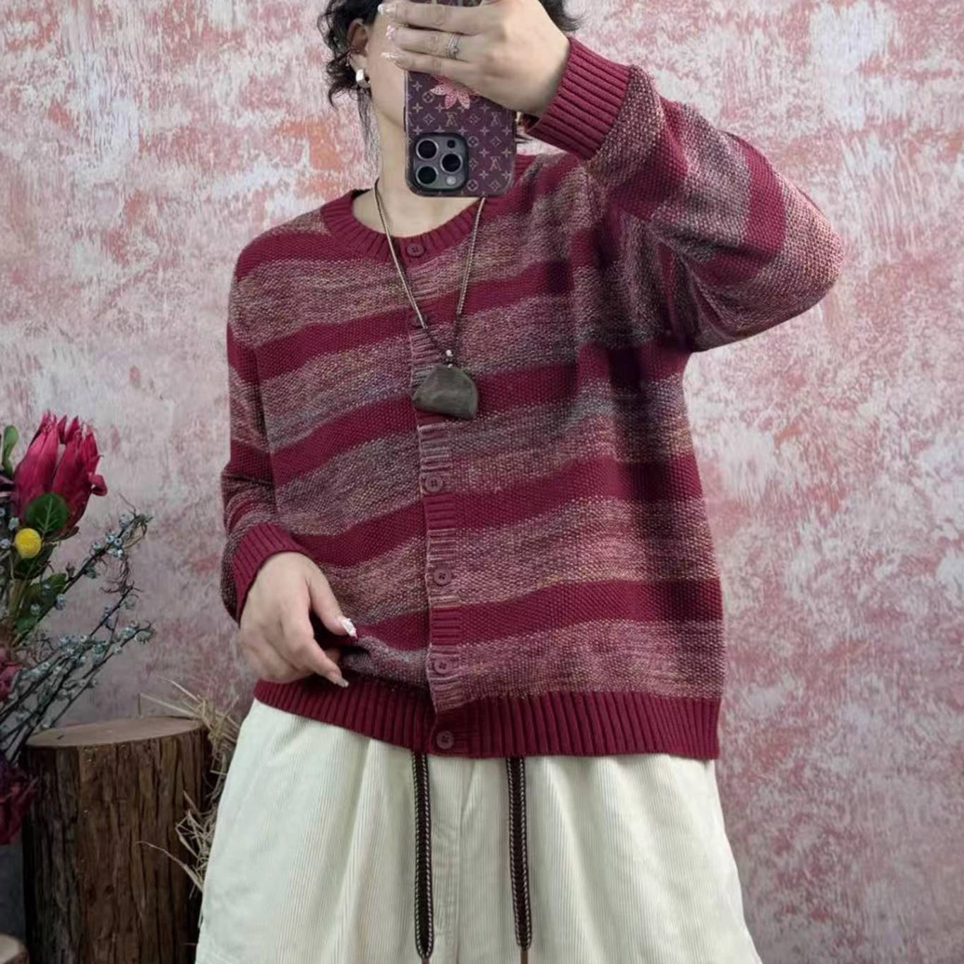 Cotton Patchwork Round Neck Striped Casual Long Sleeves Cardigan Tear Resistant Knit