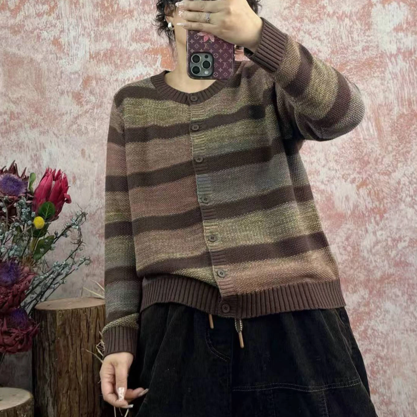 YKK Fasteners Cotton Patchwork Round Neck Striped Casual Long Sleeves Cardigan