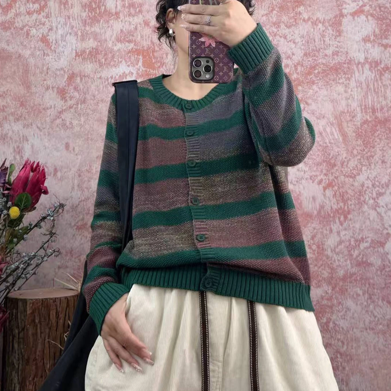 Cotton Patchwork Round Neck Striped Casual Long Sleeves Cardigan Soft Lined Interior