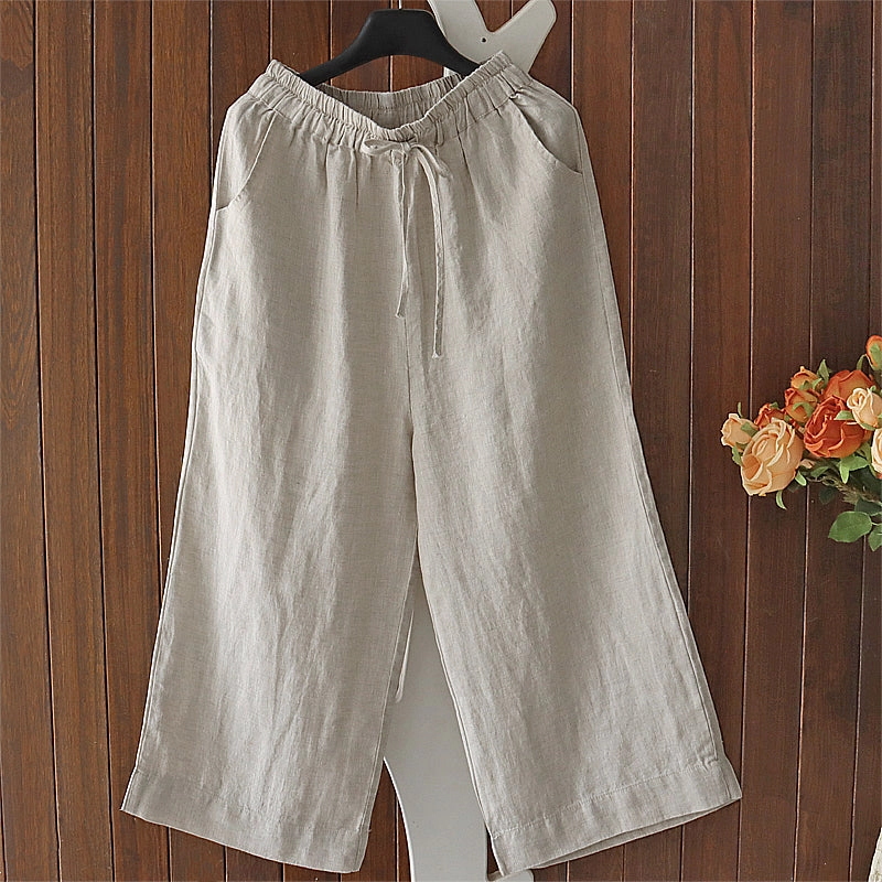 Babakud Women Spring Retro Solid Color Cotton Linen Pants Fresh Fabric Thermal Balance