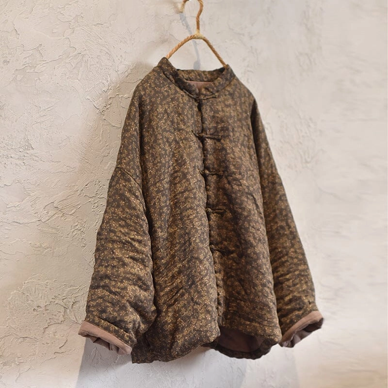 Autumn Winter Retro Floral Loose Quilted Coat Snow Ready Outfit Tapered Hem