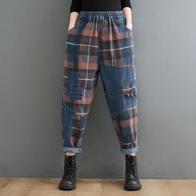 Abrasion Free Women Spring Retro Denim Plaid Casual Trousers