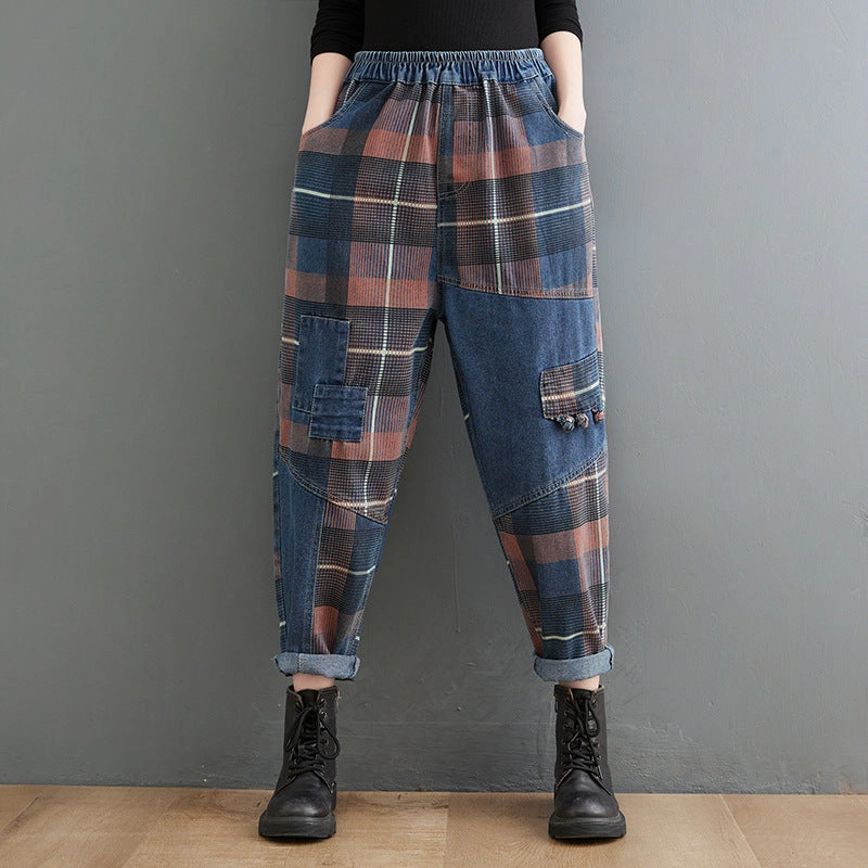 Abrasion Free Women Spring Retro Denim Plaid Casual Trousers