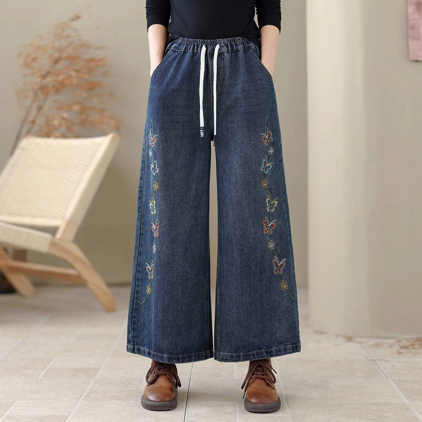 Denim Embroidered Loose Wide Legs Elastic Waist Lace-Up Jeans Tangle Free