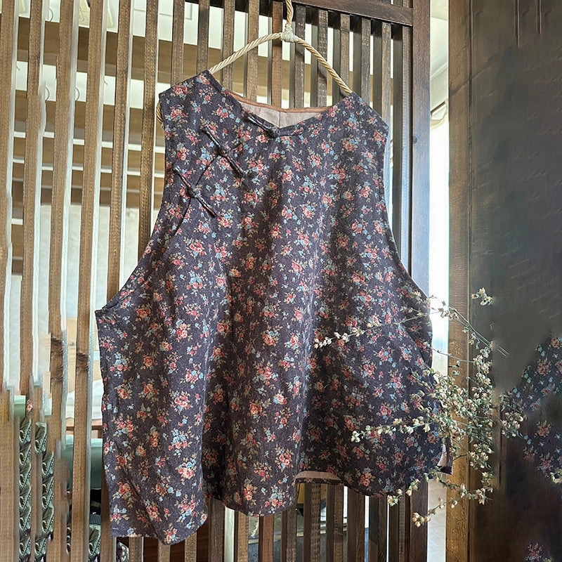 Foldable Storage Basic Essential Layer Women Retro Floral Cotton Linen Vest