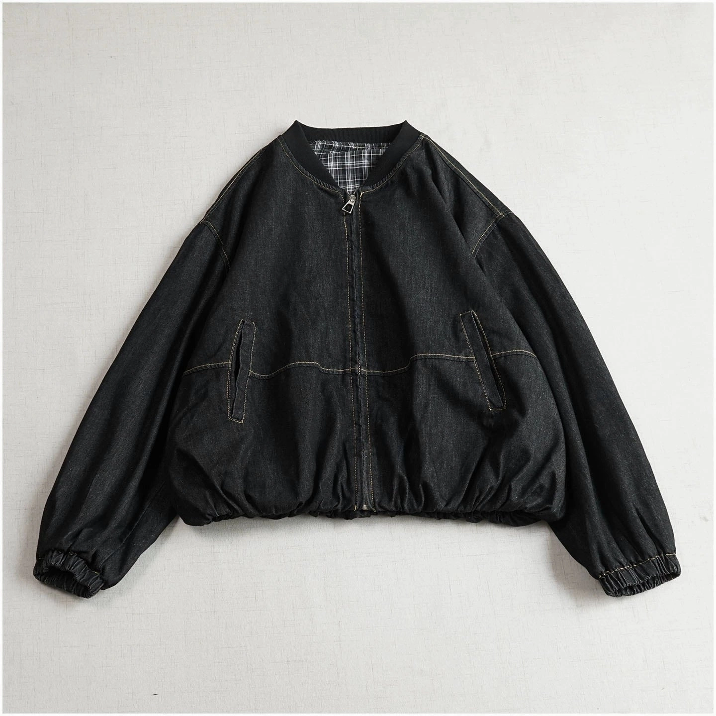 Autumn Retro Denim Loose Stand Collar Tulip Hem Zipper Coat Shock Absorbent Padding