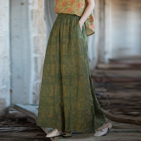 Women Vintage Green Oversized Flowing Wide- Leg Ramie Pants Smooth Lining Fade Resistant