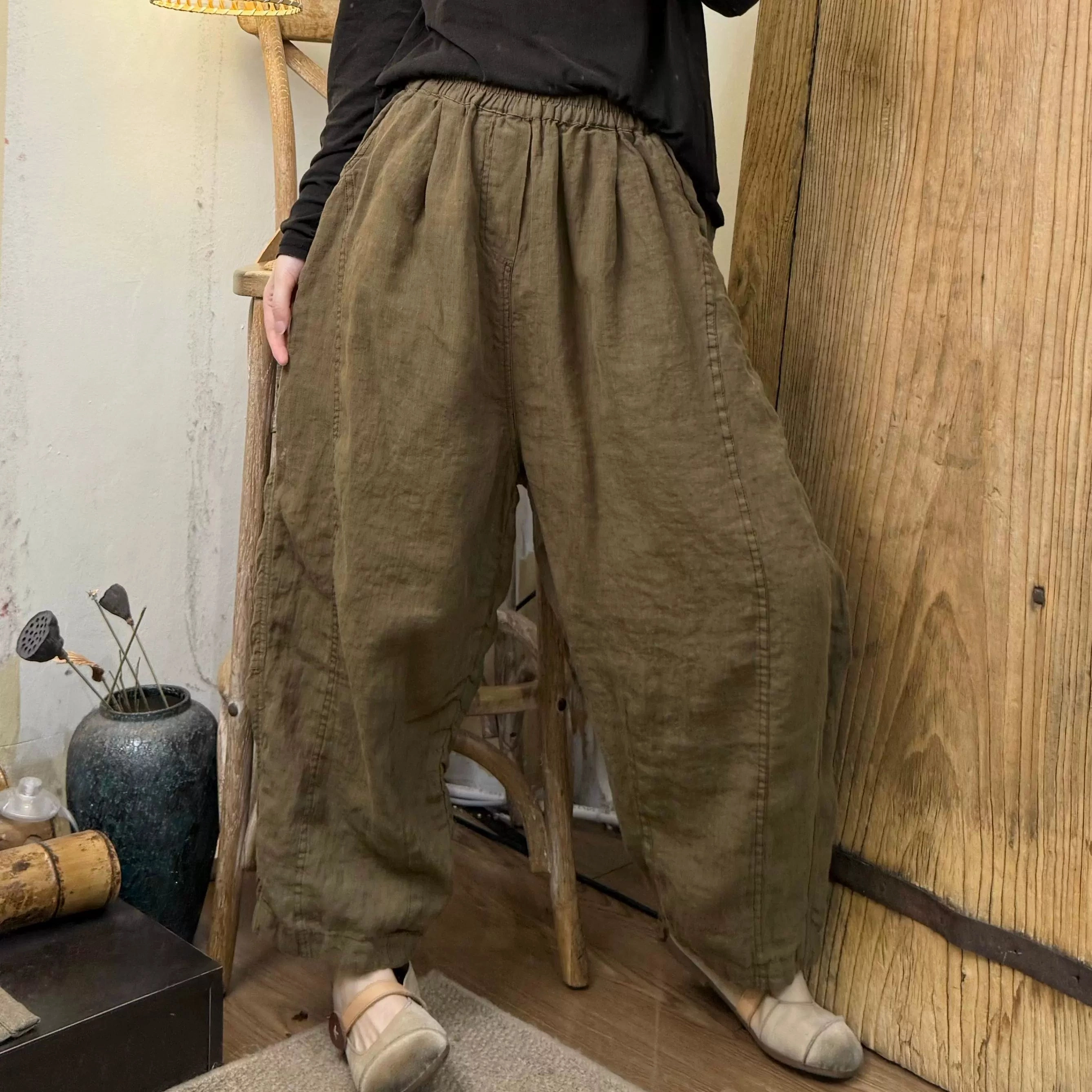 Climate Control Irritation Free Loose Spring Casual Retro Distressed Linen Harem Pants for Women