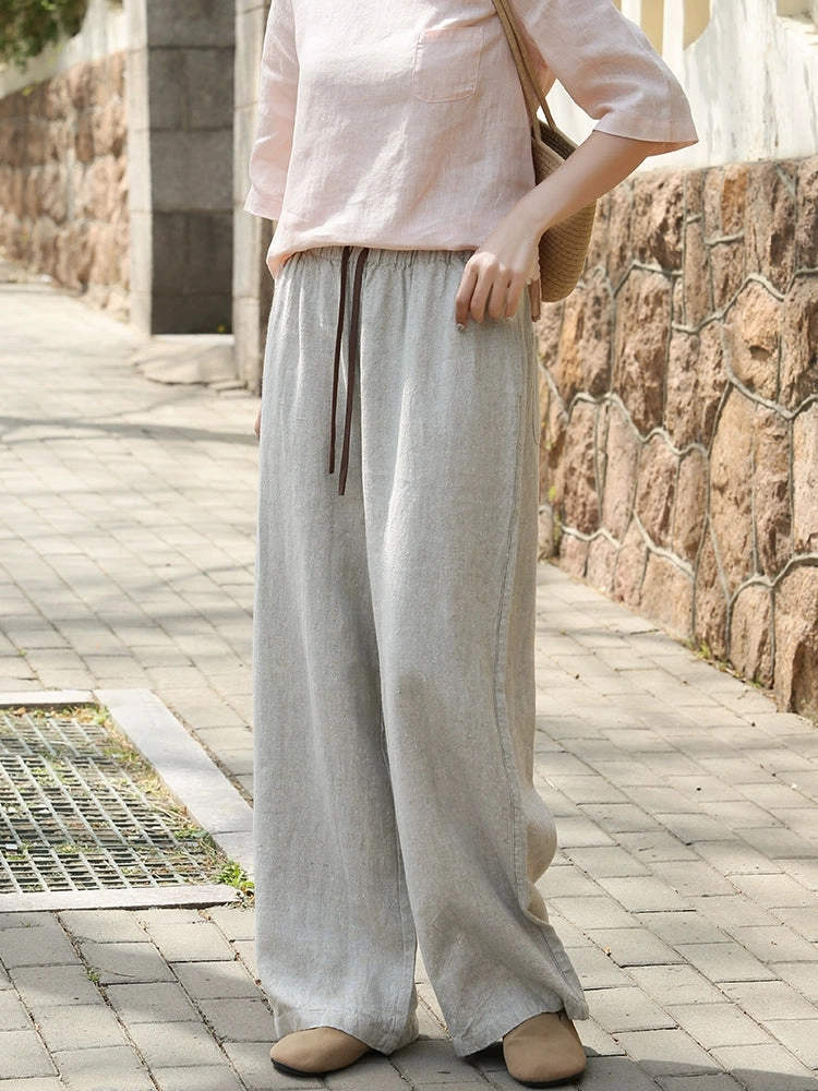 Fade Proof Women Casual Linen Elastic Waist Loose Lace-Up Pants