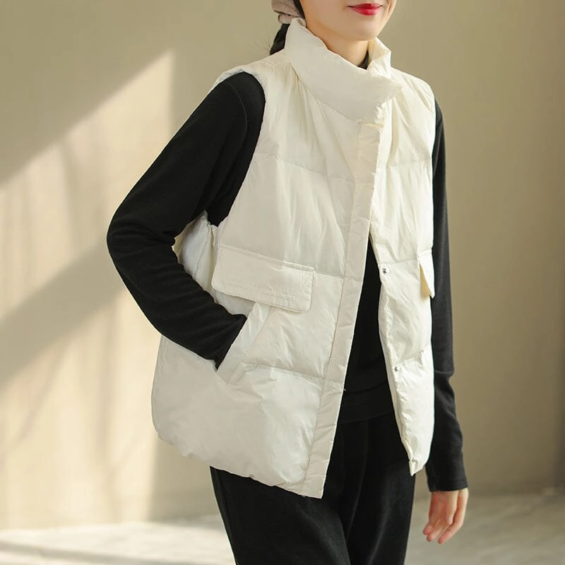 Women Solid Color Minimalist Winter Loose Down Vest TearResistant Reinforcements MultiPocketStyle