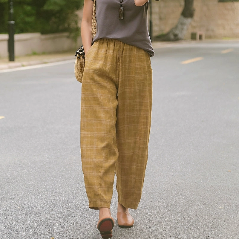 Women Summer Retro Linen Casual Plaid Loose Pants No Wrinkles