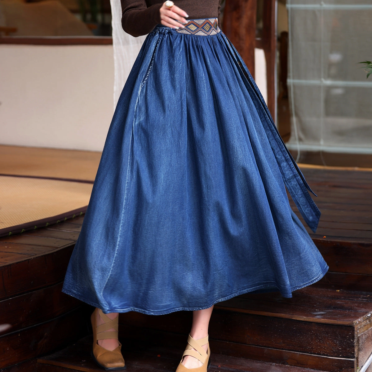 anti-odor No Rubbing High Quality Washed Vintage Ethnic Embroidered Denim Maxi Skirt