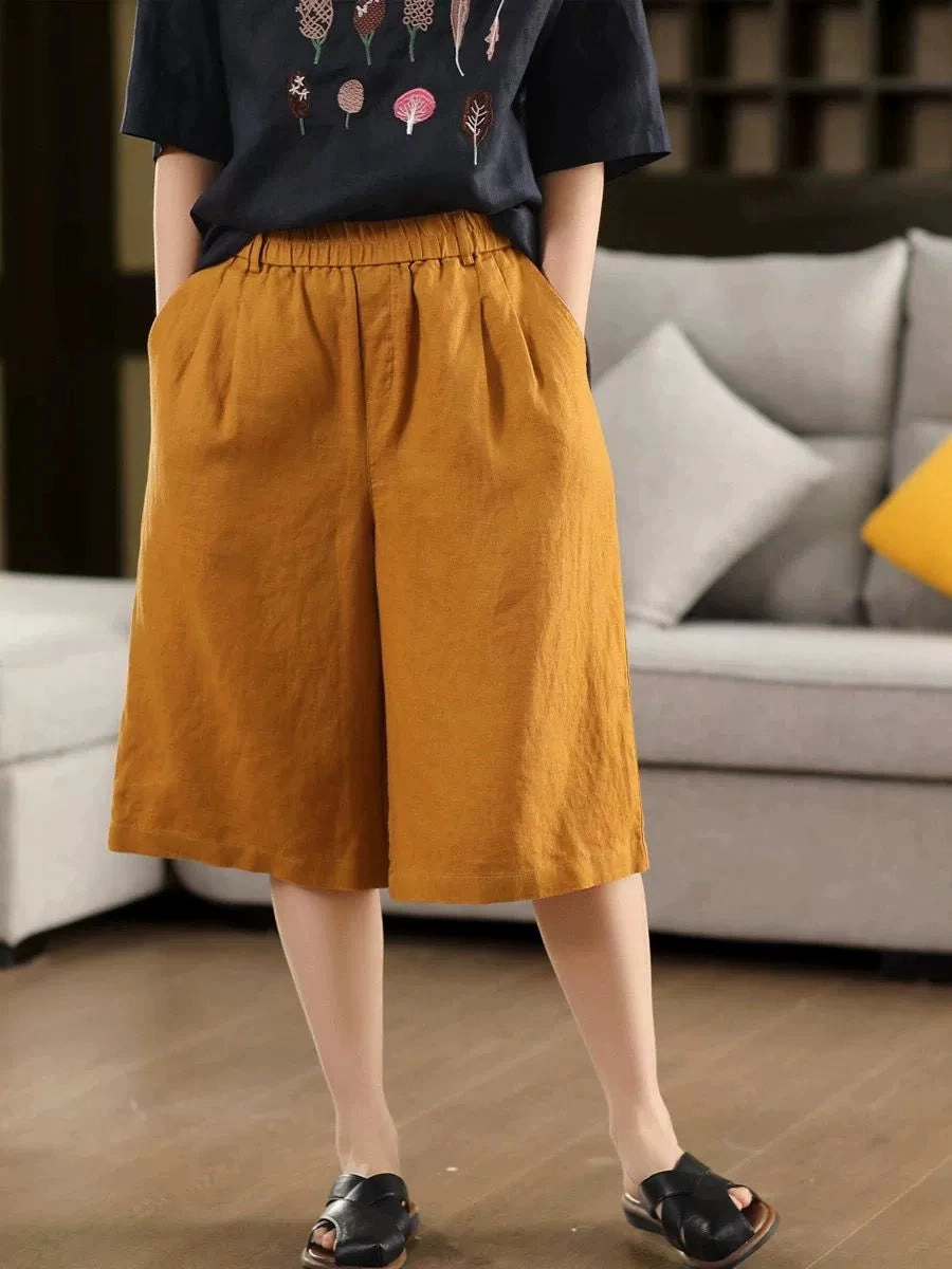 Summer Retro Casual Linen Loose Elastic Waist Knee-Length Shorts Tender Waist