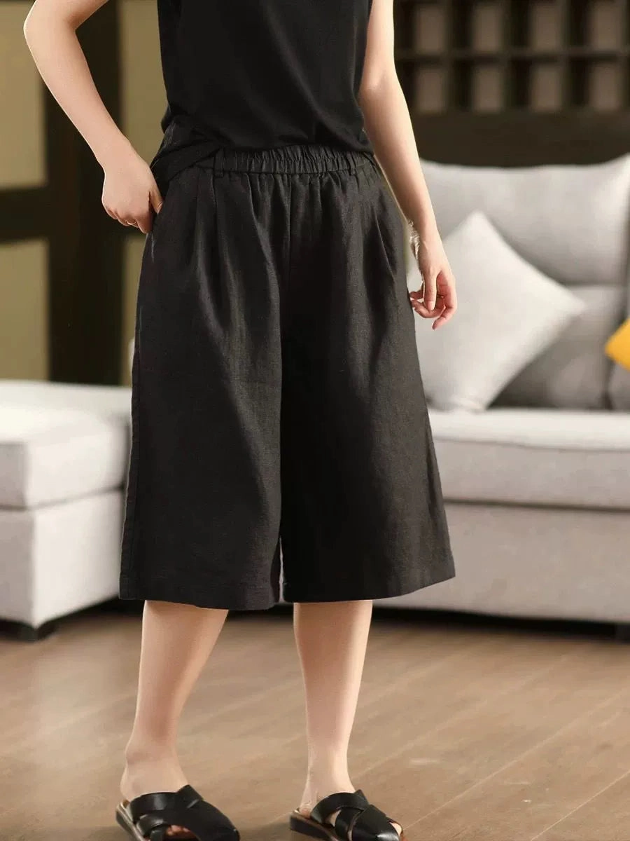 Summer Retro Casual Linen Loose Elastic Waist Knee-Length Shorts snag resistant