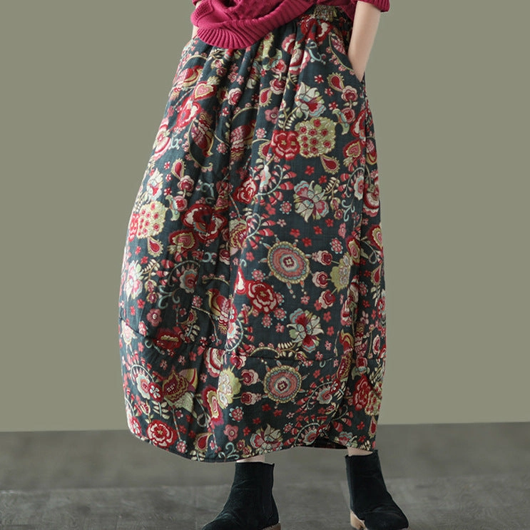 Adaptable Fabric Winter Retro Ethnic Style Printed Padded Thickened Warm Midi Skirt