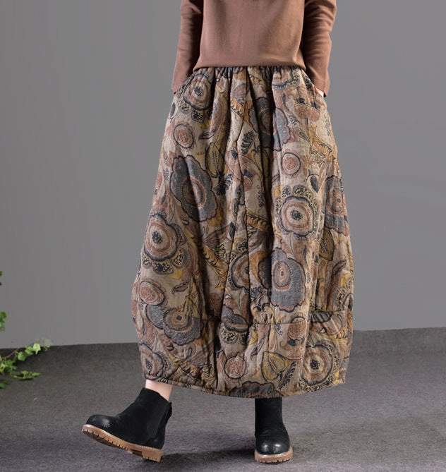 Winter Retro Ethnic Style Printed Padded Thickened Warm Midi Skirt Sweat Absorbing